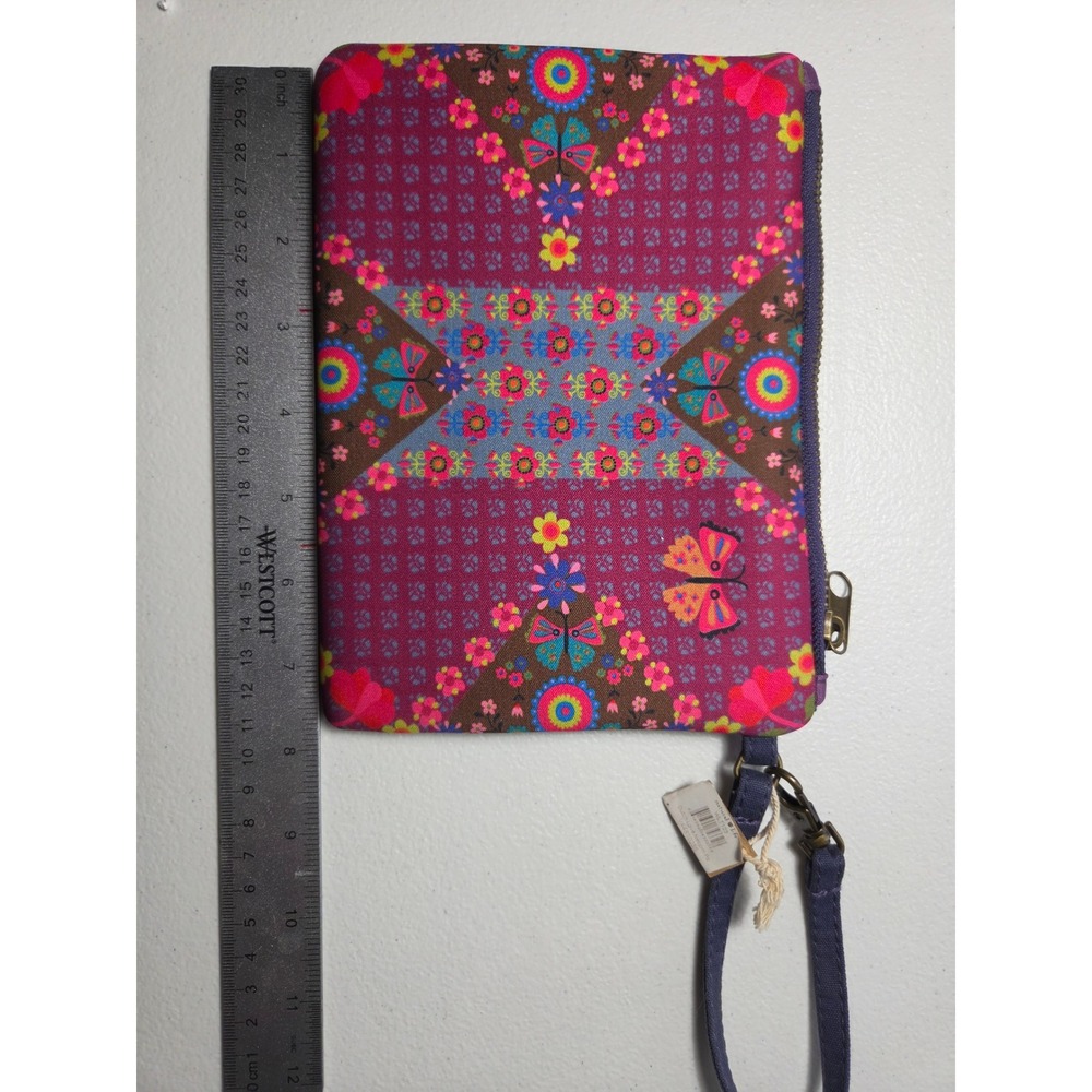 Natural Life Boho Floral Butterfly Canvas Wristlet Pouch Plum Purple NWT